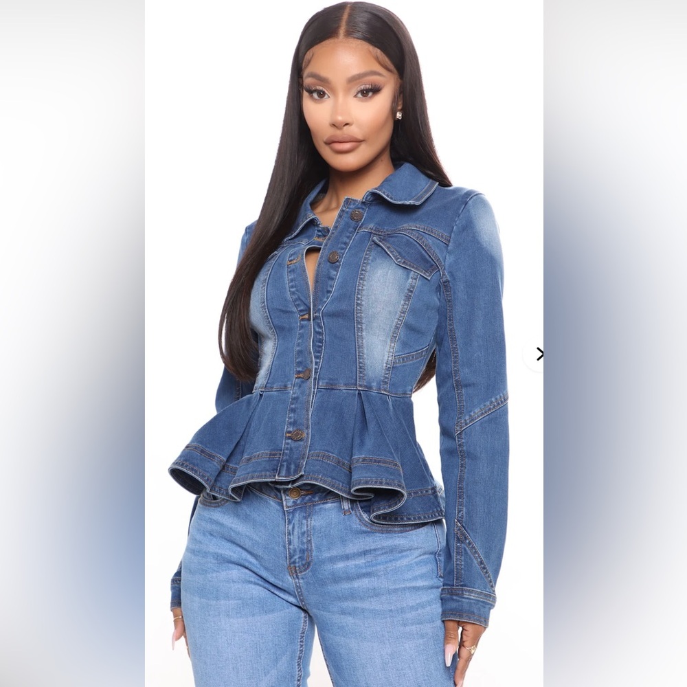 Fitted Blue Denim Peplum Jean Jacket - Picture 1 of 5